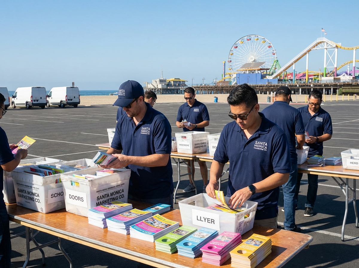 Distribution team organizing marketing flyers at a staging area near Santa Monica Pier