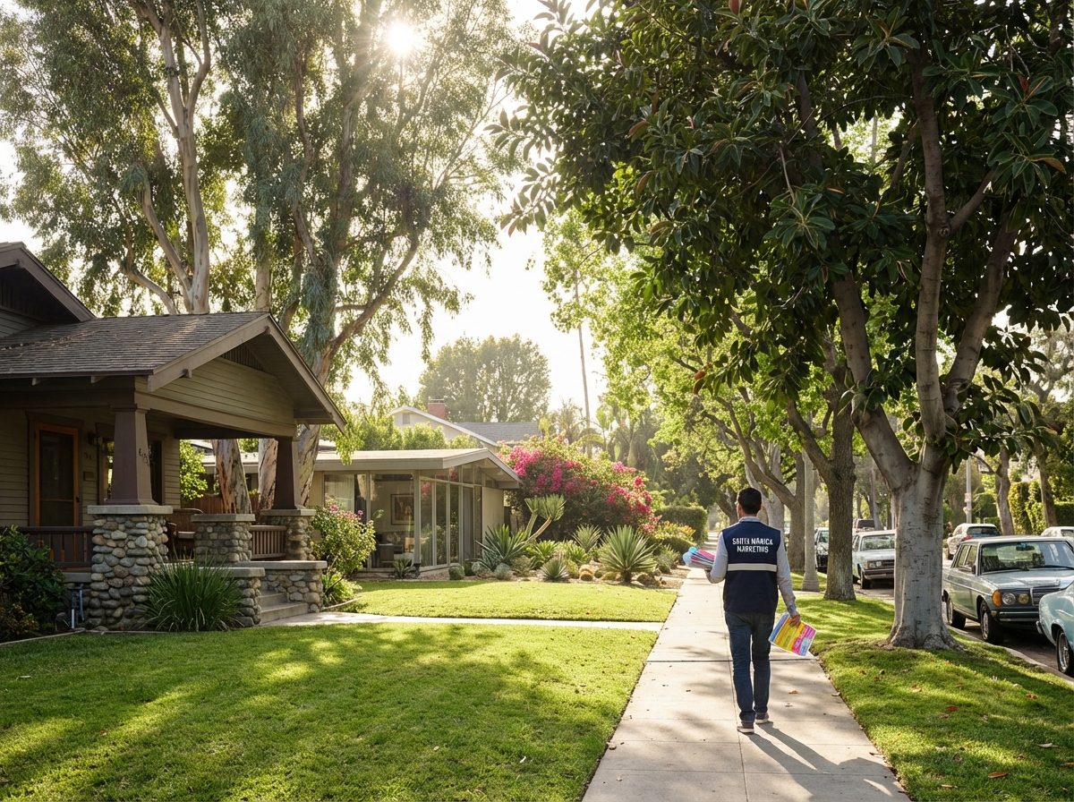 Professional flyer distributor walking through the Ocean Park neighborhood in Santa Monica with Craftsman bungalows