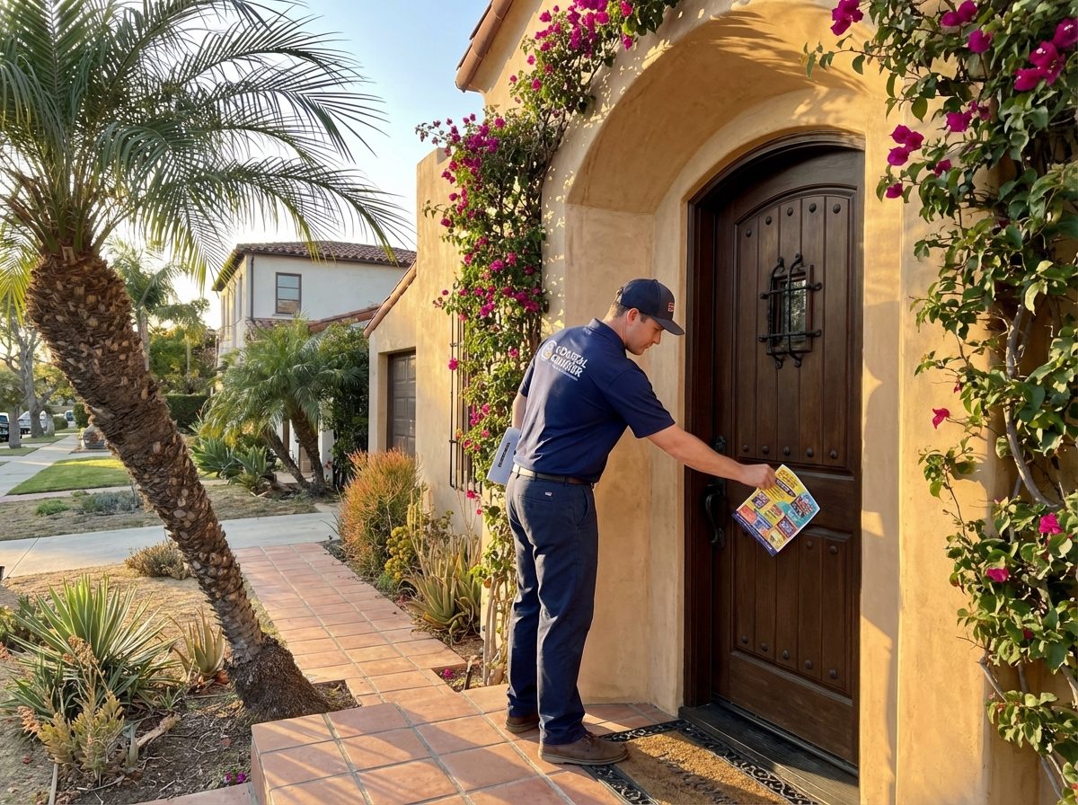 Distributor placing a colorful marketing flyer on a Spanish Colonial Revival home in Santa Monica California