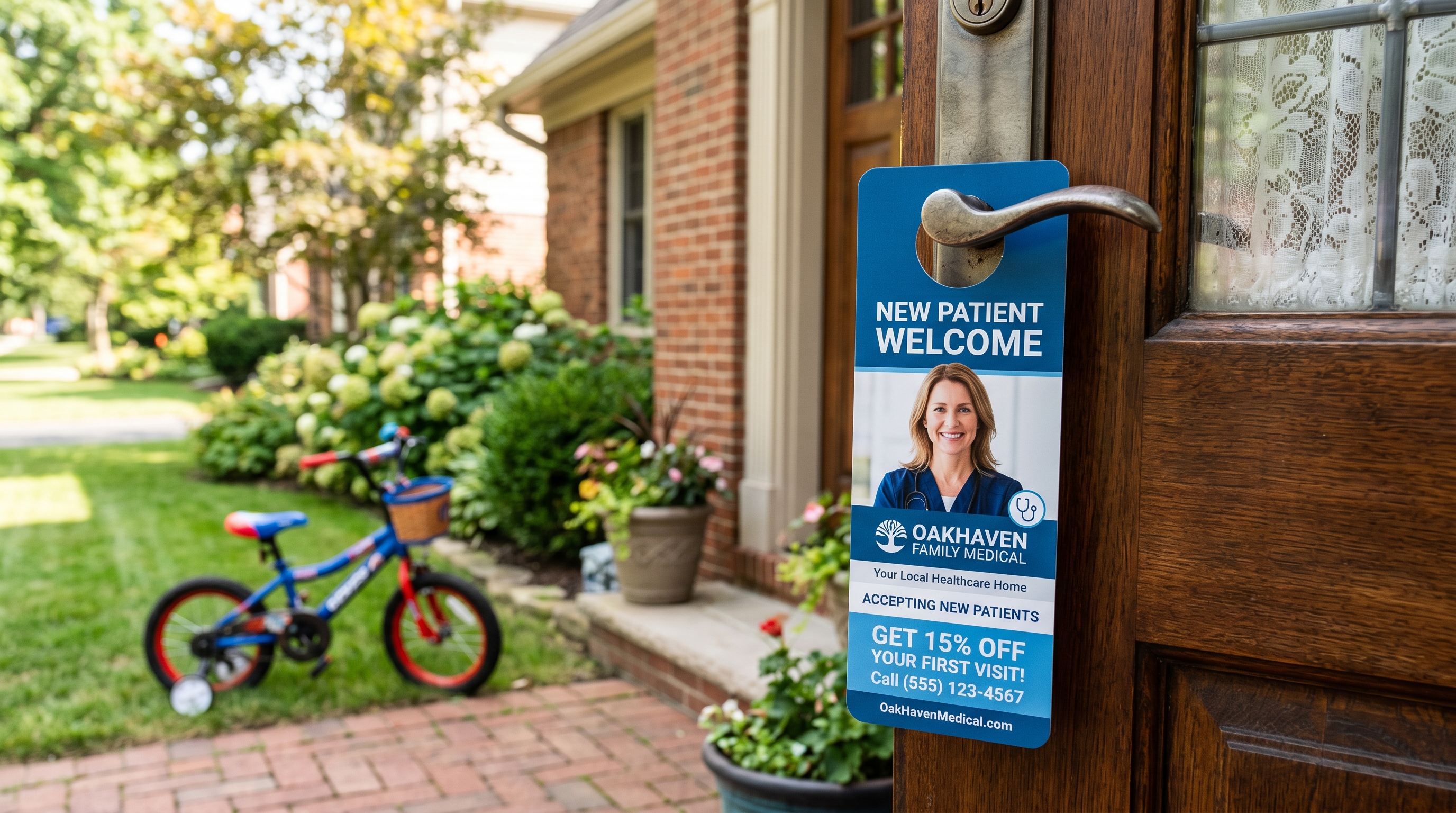 Medical practice New Patient Welcome door hanger on family home door