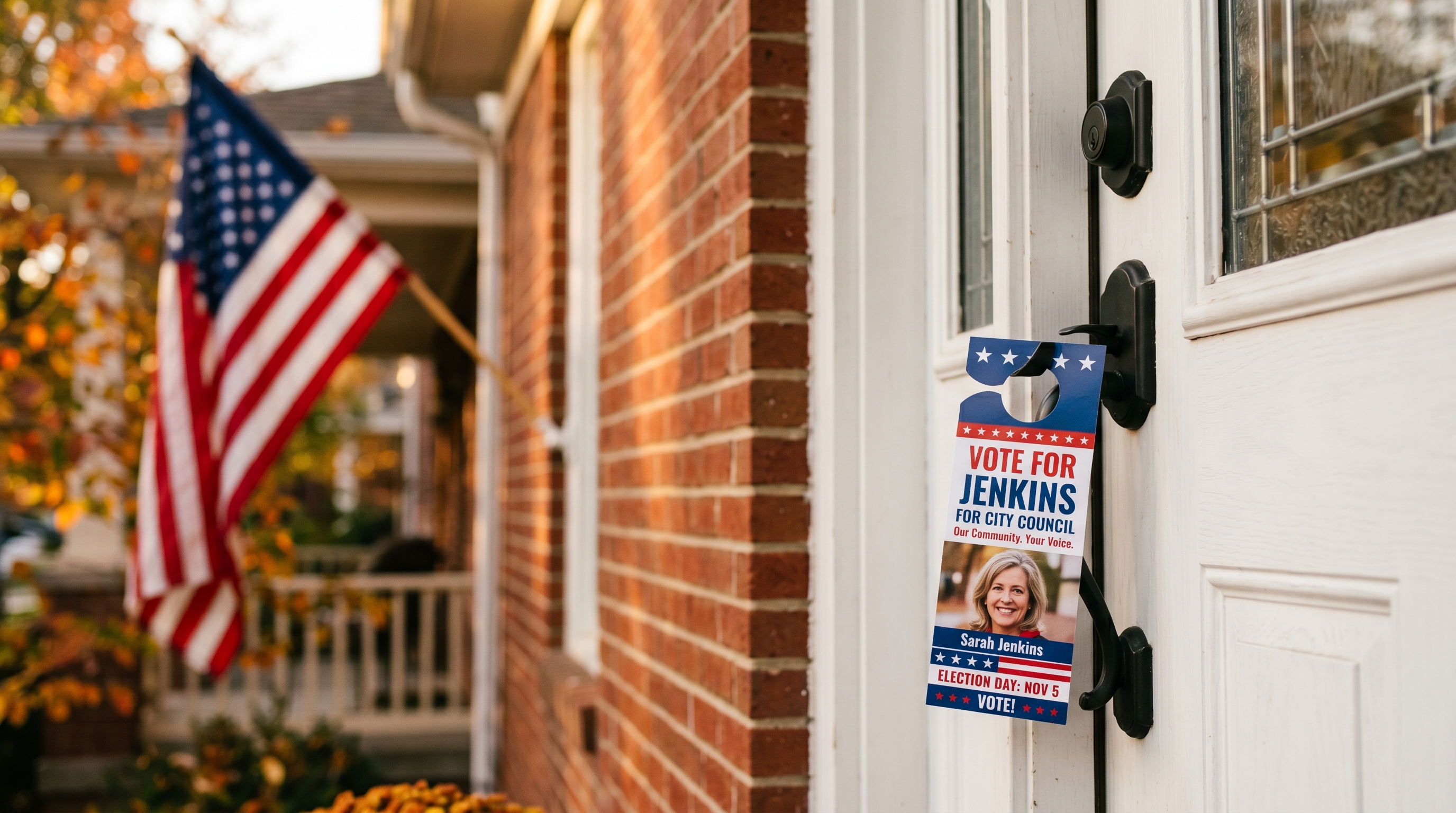 Political campaign door hanger with patriotic design on middle-class American home