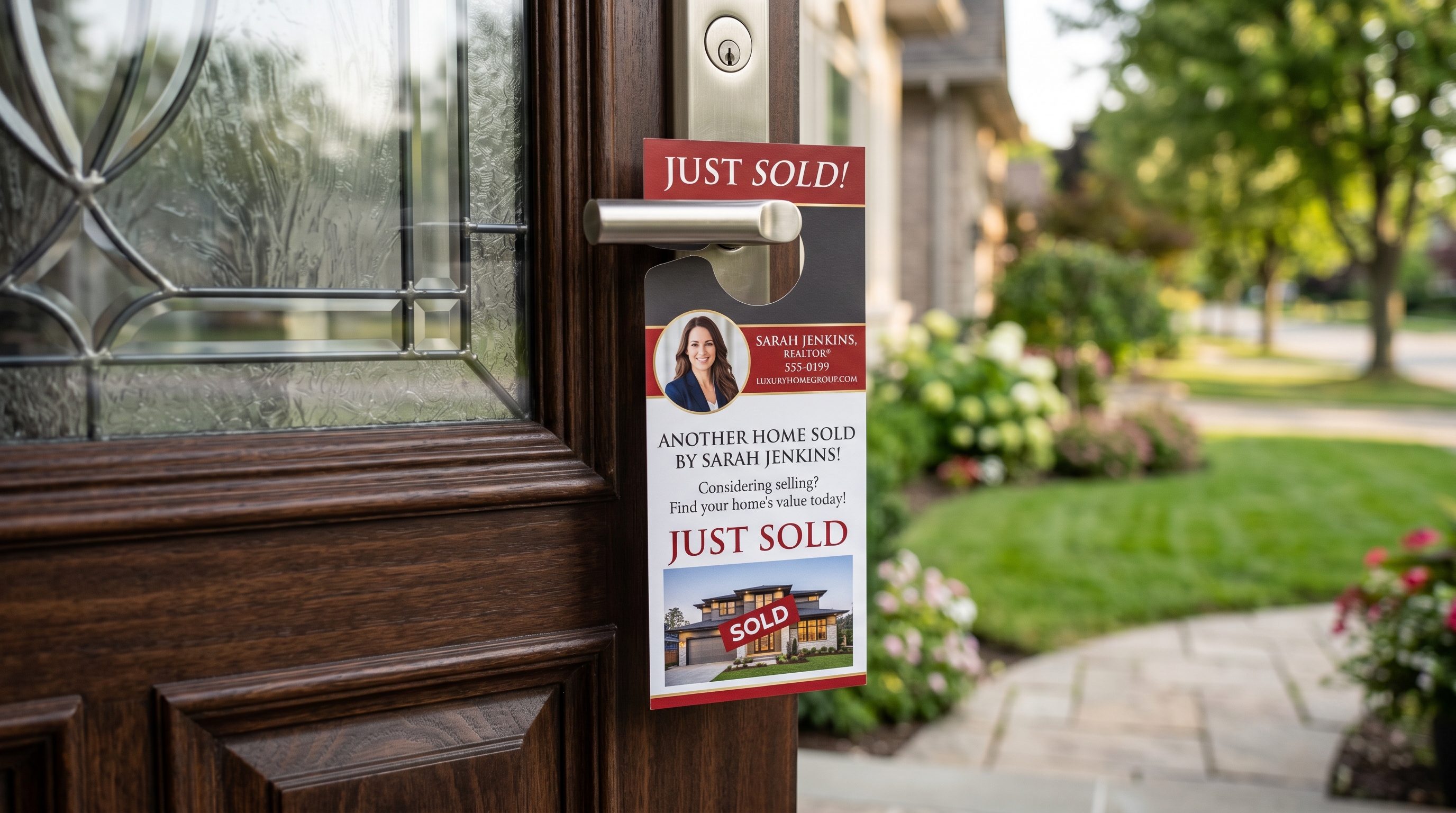 Real estate Just Sold door hanger on upscale suburban home door handle