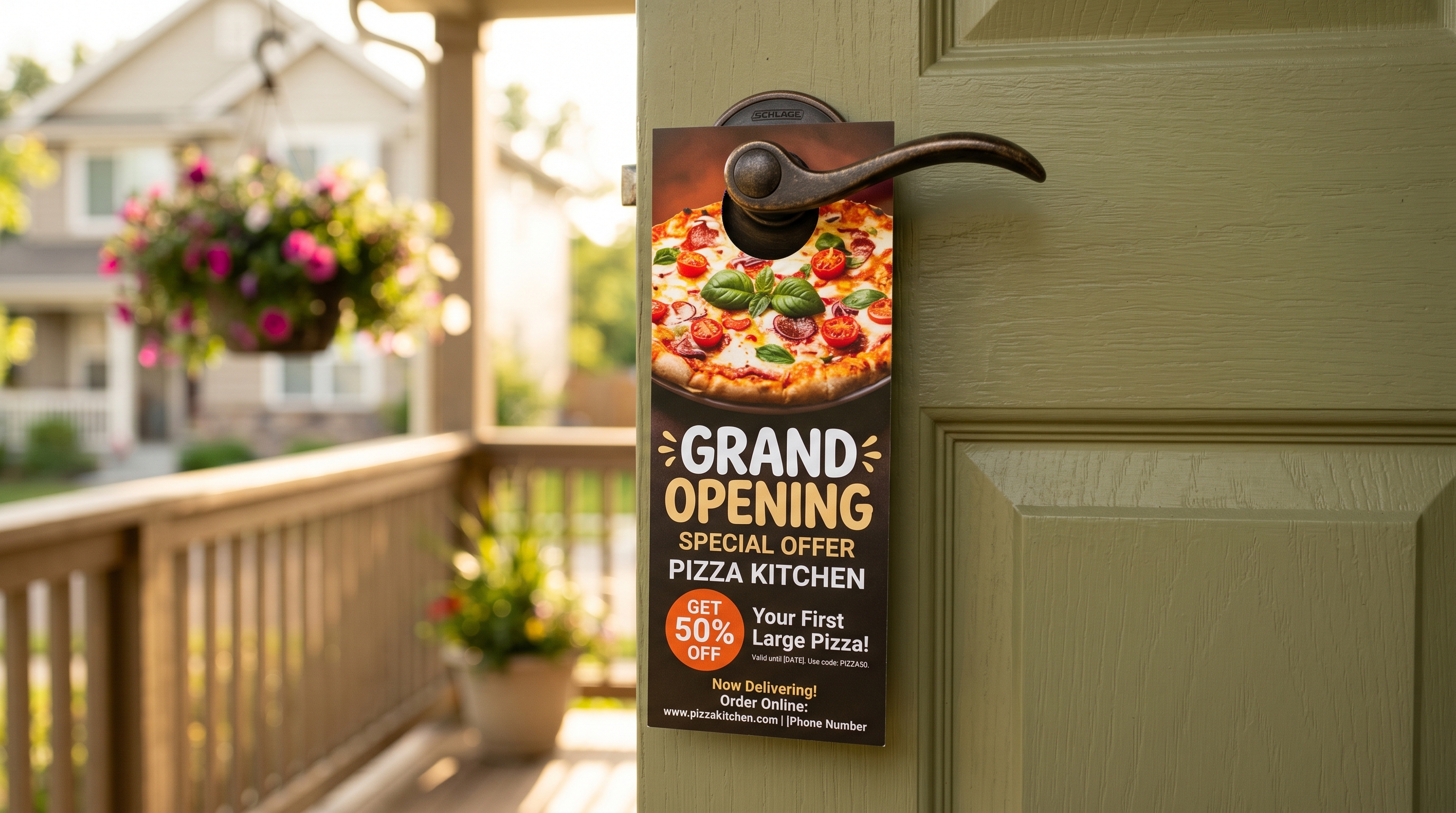 Restaurant grand opening door hanger with appetizing food photography on residential door