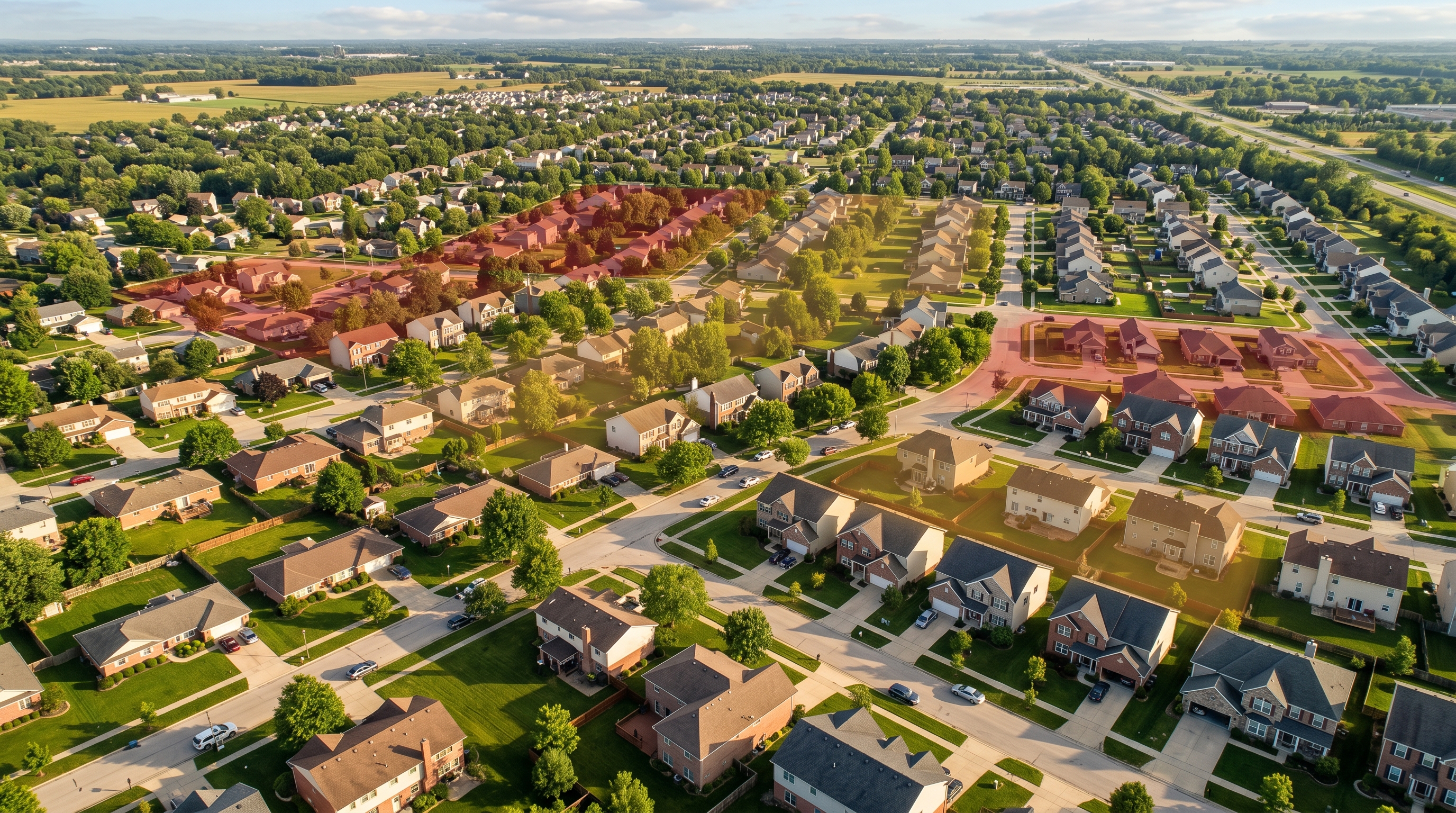Aerial view of American suburban neighborhood showing door hanger distribution targeting zones