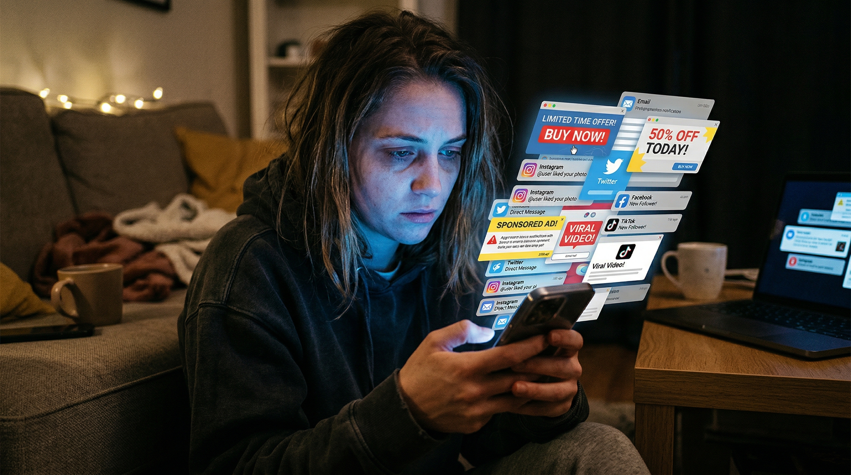 Digital ad fatigue illustrated by overwhelmed consumer surrounded by screens