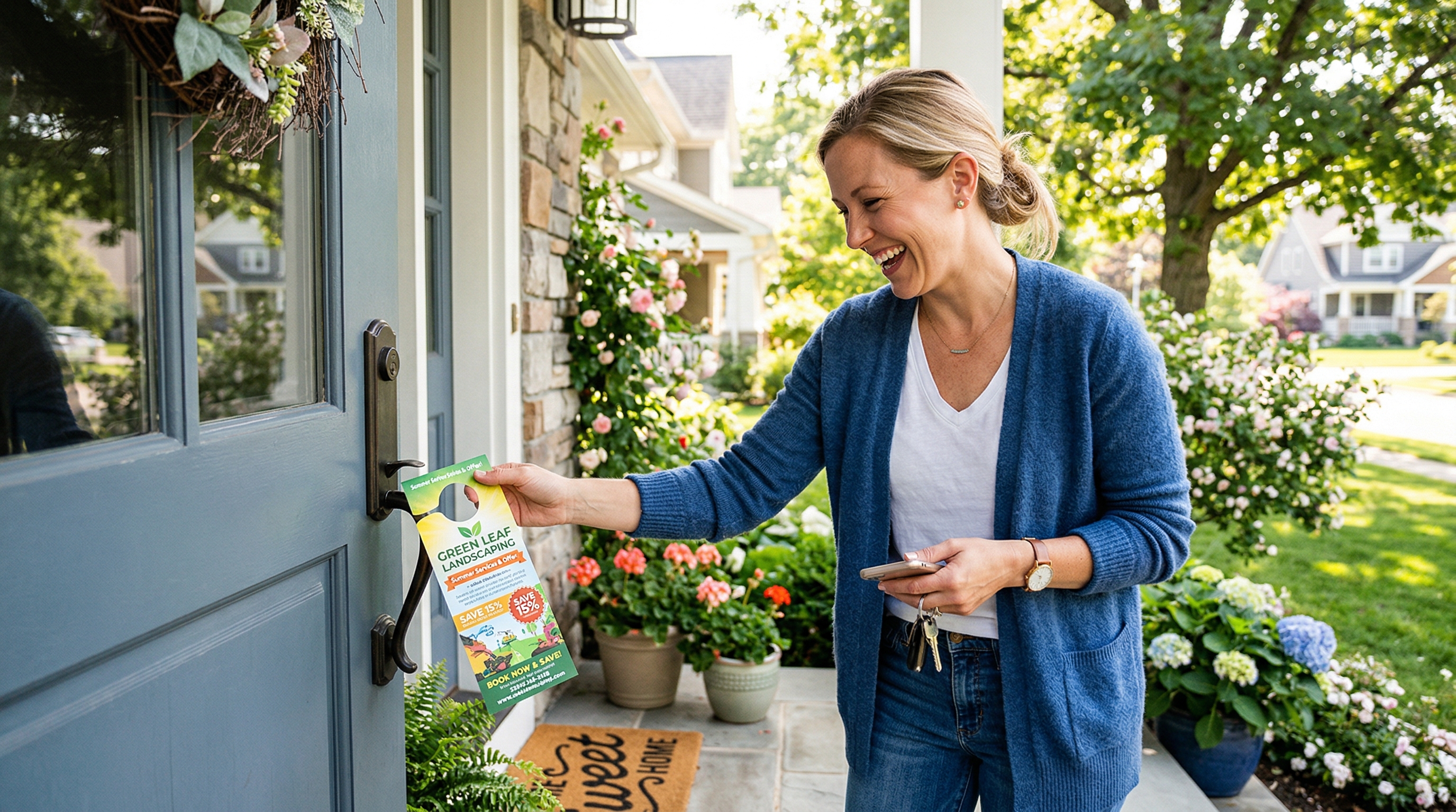 Homeowner discovering a door hanger on their front door