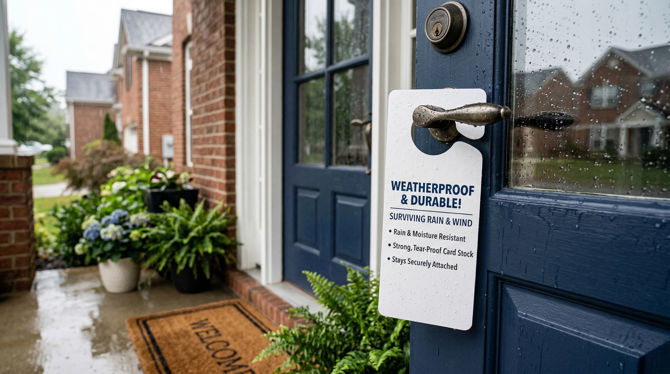 Door hanger durability test showing weather resistance compared to flyers