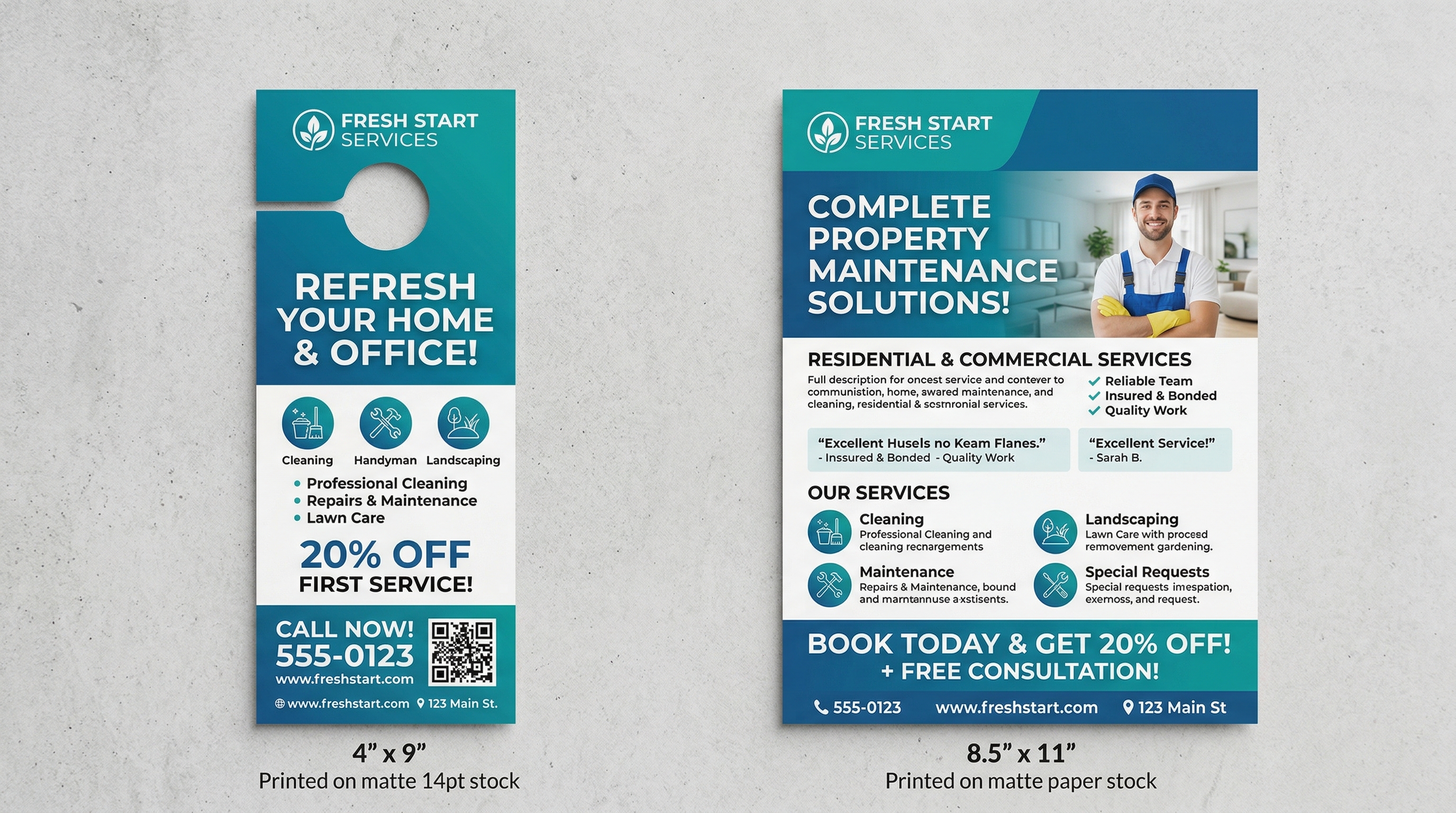 Side-by-side comparison of door hanger and flyer physical formats