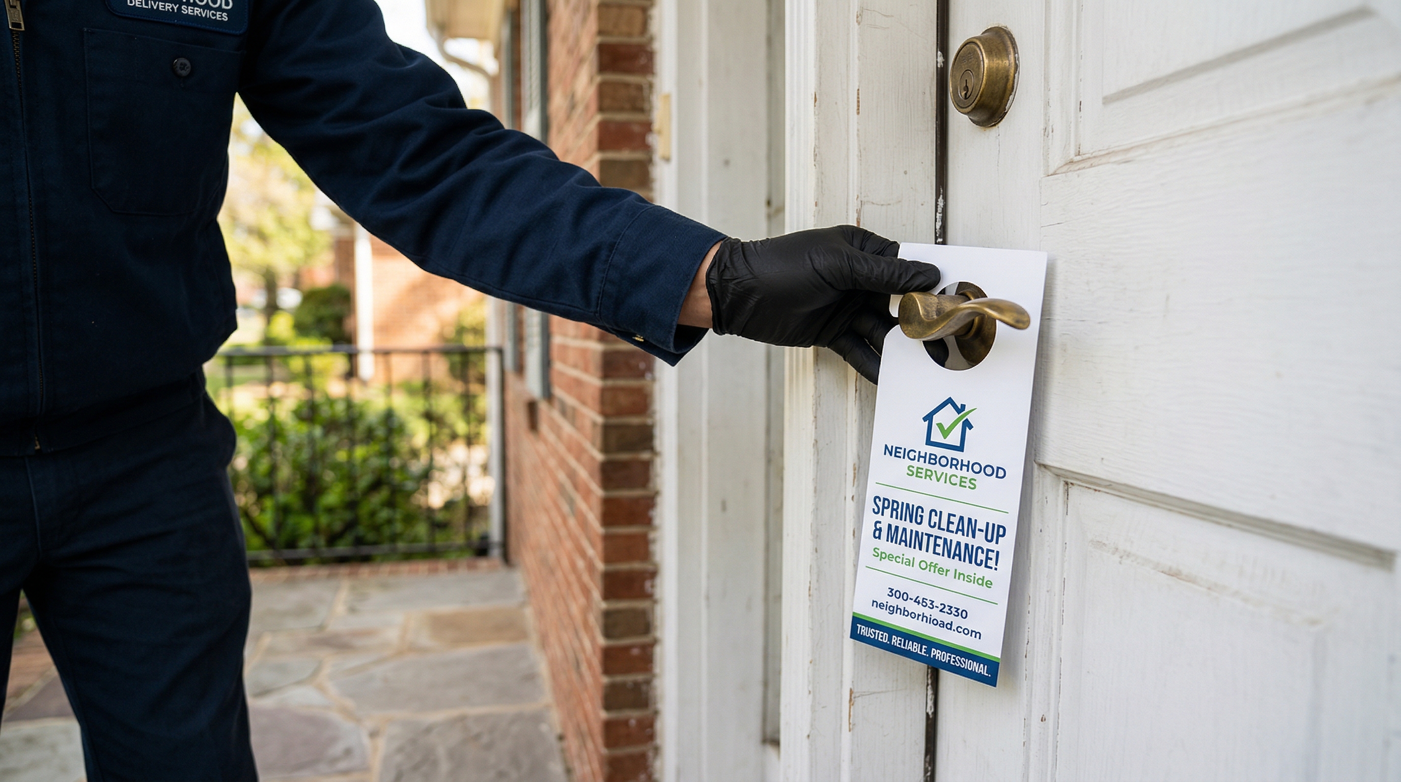 Professional door hanger placement on residential door handle