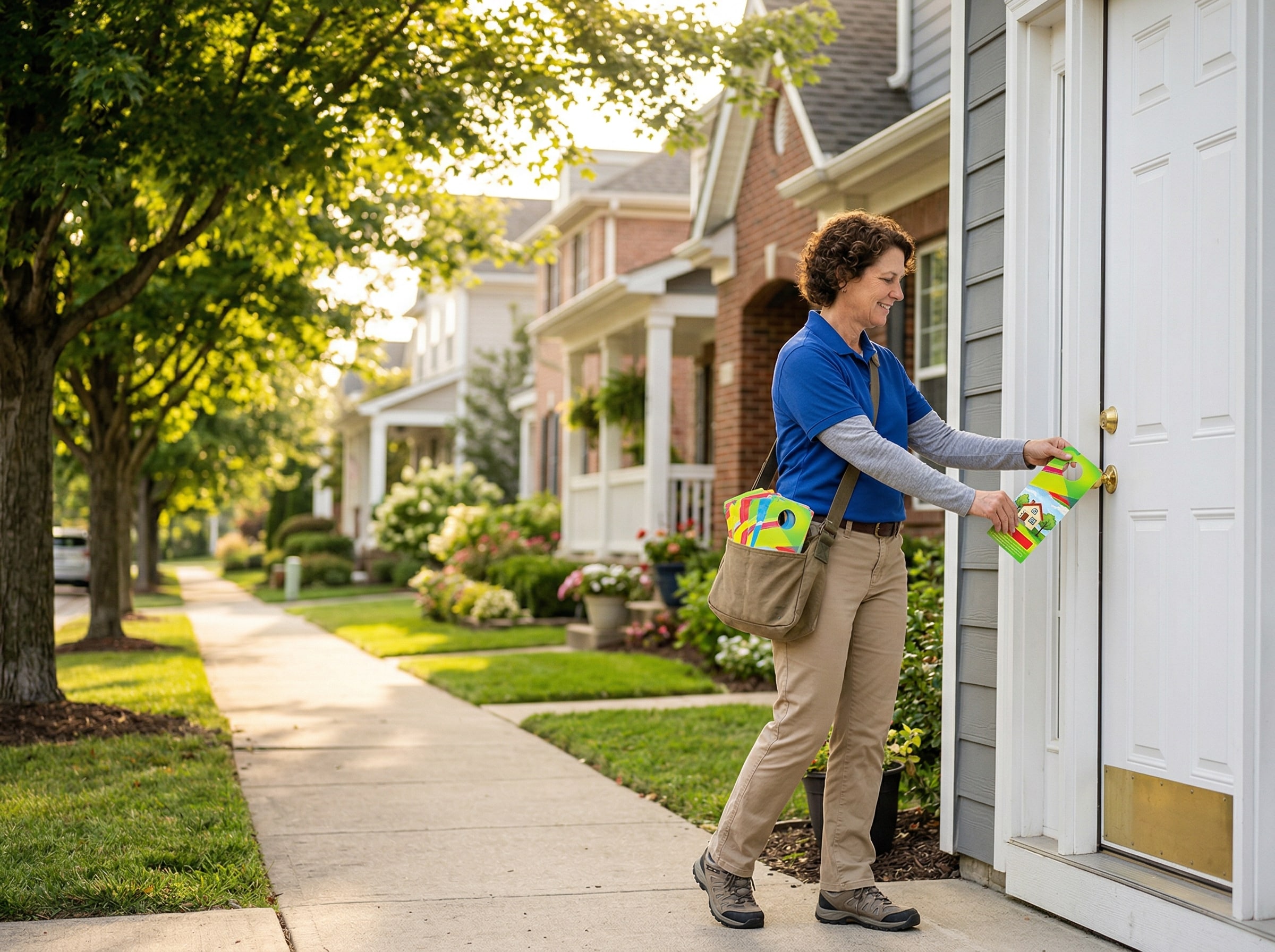 Professional door hanger distribution delivery in a suburban neighborhood